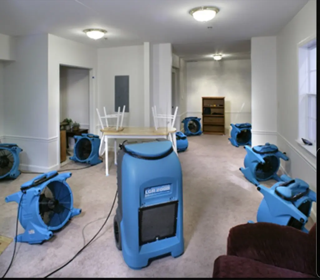 Air movers and dehumidifier setup for Water Damage Restoration in Elizabeth City